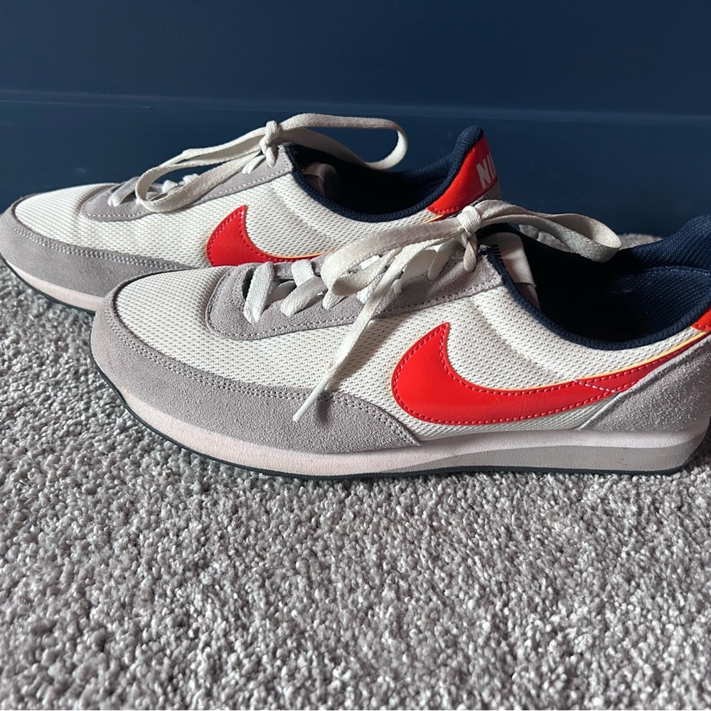 Nike White and Red Swoosh Sneakers, waffle sole